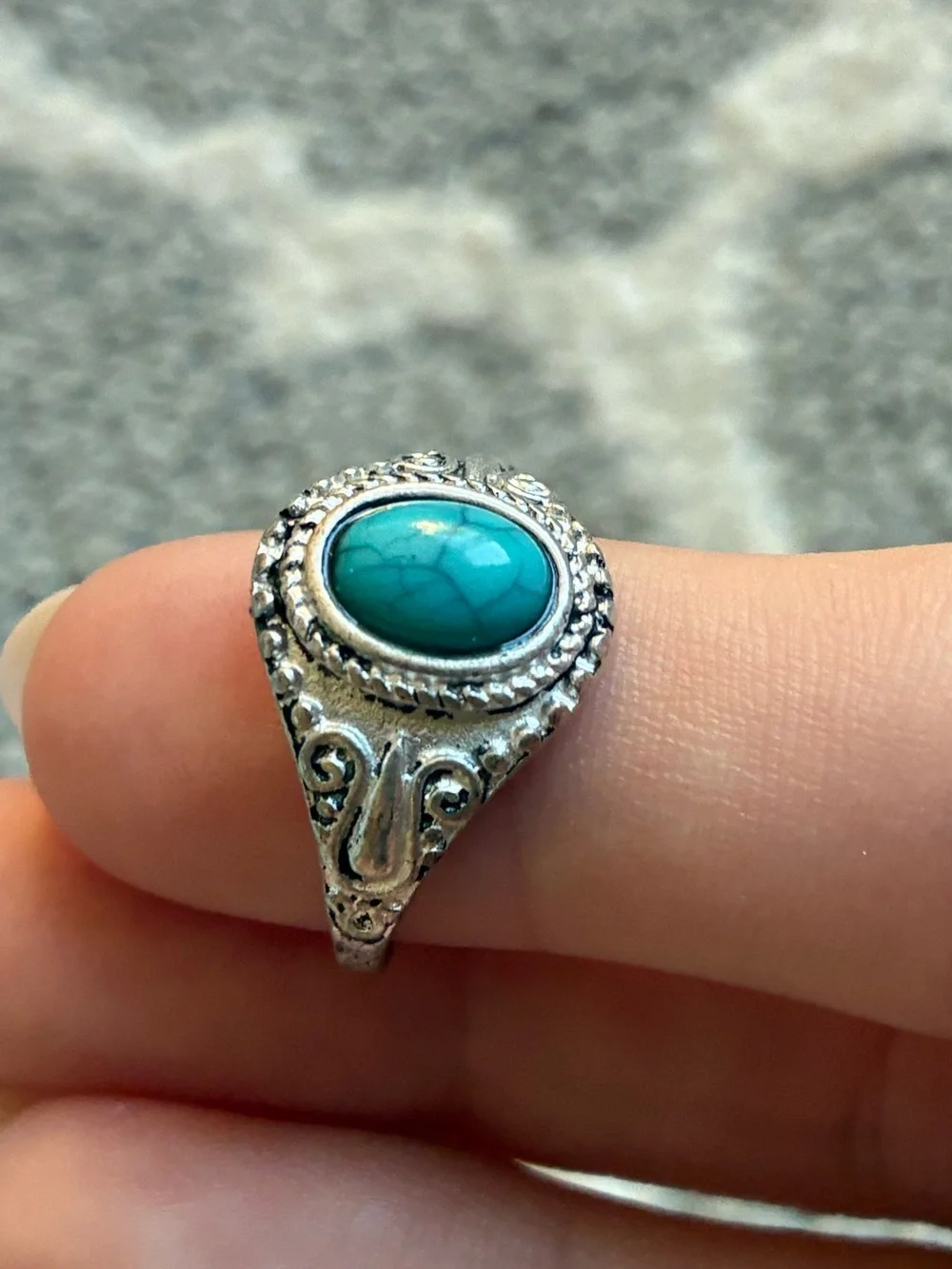 Turquoise Oval Stone Silver-Tone Bohemian Ring - Women Jewelry